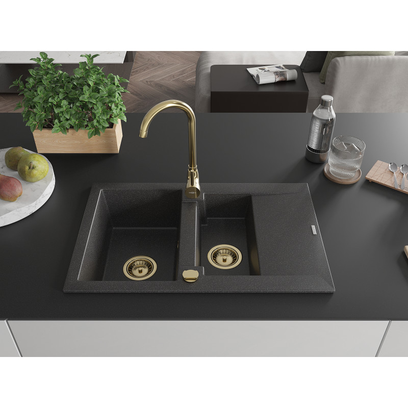Mexen Gaspar Granitspüle 1,5-Becken mit Abtropffläche 737 x 475 mm, schwarz gesprenkelt, goldener Siphon - 6507731505-76-G