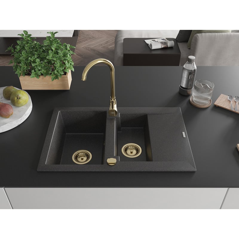 Mexen Gaspar Granitspüle 1,5-beckig mit Abtropffläche 737 x 475 mm, schwarz gesprenkelt, goldener Siphon - 6507731505-76-G