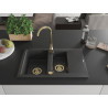 Mexen Gaspar Granitspüle 1,5-Becken mit Abtropffläche 737 x 475 mm, schwarz gesprenkelt, goldener Siphon - 6507731505-76-G