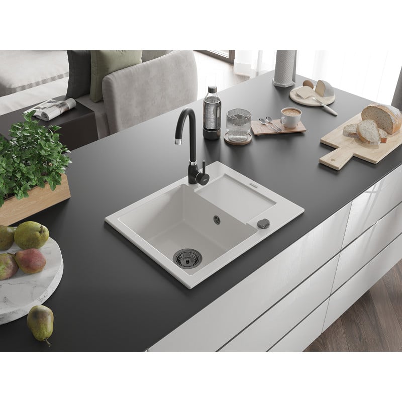 Mexen Enzo Granitspüle 1-Becken mit Abtropffläche 576 x 465 mm, weiß, schwarzer Siphon - 6506571005-20-B