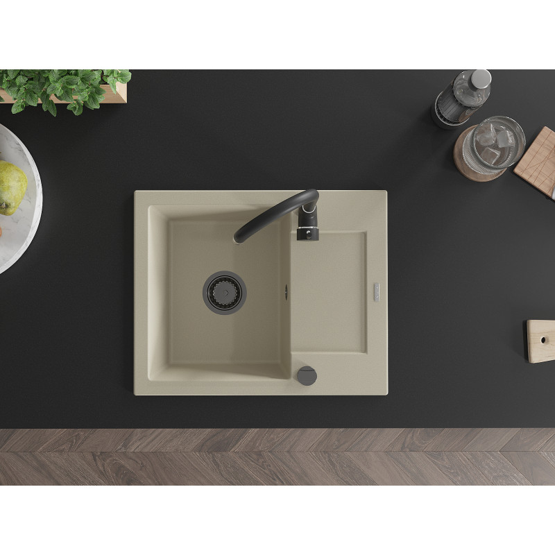 Mexen Enzo Granitspüle 1-Becken mit Abtropffläche 576 x 465 mm, beige, schwarzer Siphon - 6506571005-69-B