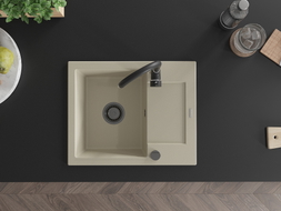 Mexen Enzo Granitspüle 1-Becken mit Abtropffläche 576 x 465 mm, beige, schwarzer Siphon - 6506571005-69-B