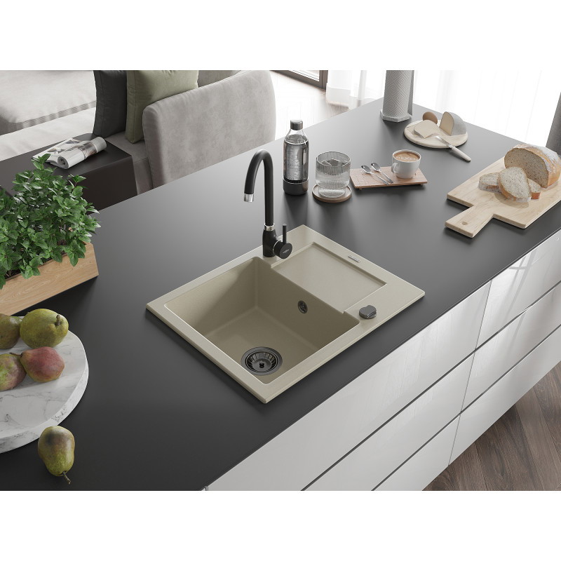 Mexen Enzo Granitspüle 1-Becken mit Abtropffläche 576 x 465 mm, beige, schwarzer Siphon - 6506571005-69-B