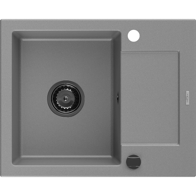 Mexen Enzo Granitspüle 1-Becken mit Abtropffläche 576 x 465 mm, grau, schwarzer Siphon - 6506571005-71-B