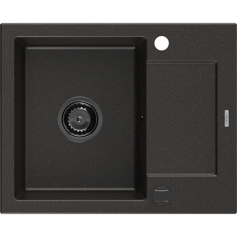 Mexen Enzo Granitspüle 1-Becken mit Abtropffläche 576 x 465 mm, schwarz/goldmetallic, schwarzer Siphon - 6506571005-75-B