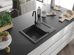 Mexen Enzo Granitspüle 1-becken mit Abtropffläche 576 x 465 mm, schwarz gesprenkelt, schwarzer Siphon - 6506571005-76-B