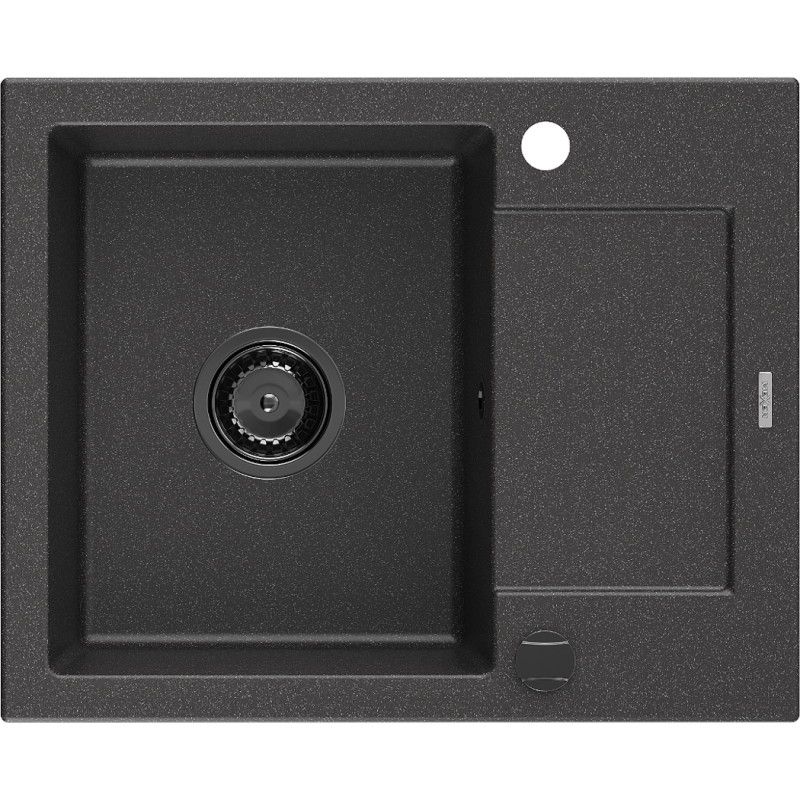 Mexen Enzo Granitspüle 1-becken mit Abtropfbrett 576 x 465 mm, schwarz gesprenkelt, schwarzer Siphon - 6506571005-76-B