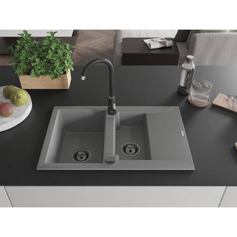 Mexen Gaspar Granitspüle 1,5-beckig mit Abtropffläche 737 x 475 mm, grau, schwarzer Siphon - 6507731505-71-B