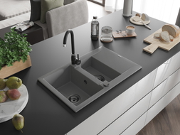 Mexen Gaspar Granitspüle 1,5-beckig mit Abtropffläche 737 x 475 mm, grau, schwarzer Siphon - 6507731505-71-B
