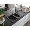 Mexen Gaspar Granitspüle 1,5-beckig mit Abtropffläche 737 x 475 mm, schwarz gesprenkelt, schwarzer Siphon - 6507731505-76-B