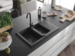 Mexen Gaspar Granitspüle 1,5-beckig mit Abtropffläche 737 x 475 mm, schwarz gesprenkelt, schwarzer Siphon - 6507731505-76-B
