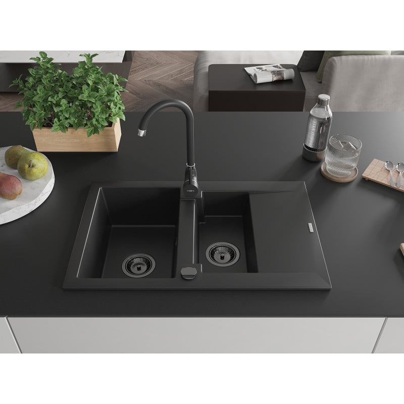 Mexen Gaspar Granitspüle 1,5-becken mit Abtropffläche 737 x 475 mm, schwarz, schwarzer Siphon - 6507731505-77-B