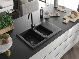 Mexen Gaspar 1,5-Becken-Granitspüle mit Abtropffläche 737 x 475 mm, Schwarz, Siphon Schwarz - 6507731505-77-B