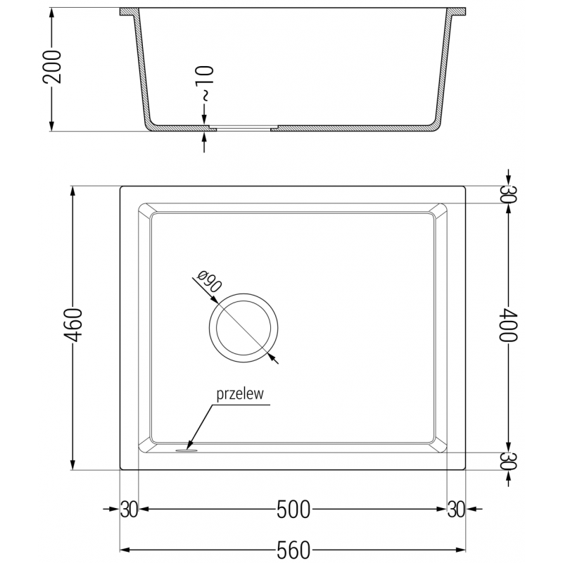 Mexen Pedro Granitspüle, 1-Becken, 560 x 460 mm, schwarz, schwarzer Siphon - 6508561000-77-B