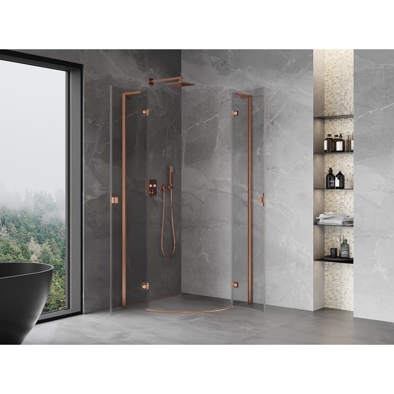 Mexen Mist L Duschkabine halbrund klappbar 90 x 90 cm, transparent, gebürstetes Kupfer - 8A33L-090-090-65-00