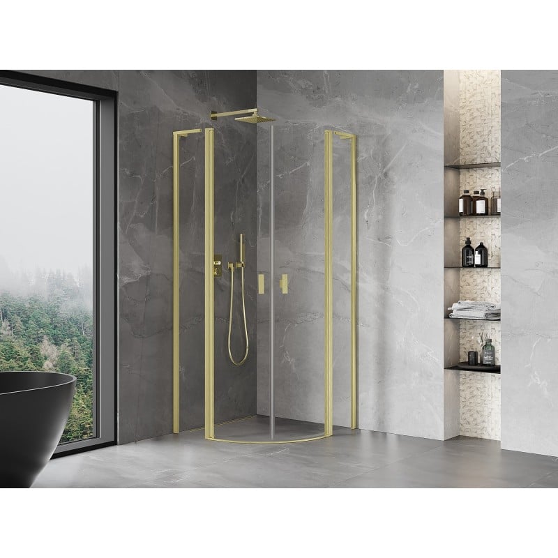 Mexen Mist L Duschkabine halbrund schwenkbar 90 x 90 cm, transparent, gold gebürstet - 8A32L-090-090-55-00