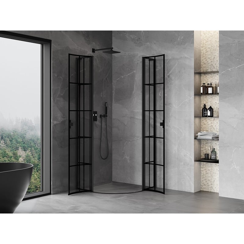 Mexen Mist L halbkreisförmige Duschkabine schwenkbar 80 x 80 cm, schwarzes Gitter, schwarz - 8A32L-080-080-70-77
