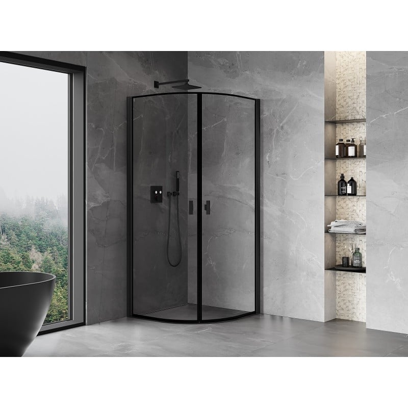 Mexen Mist halbrunde Duschkabine schwenkbar 90 x 90 cm, schwarzer Rahmen, schwarz - 8A31-090-090-70-70