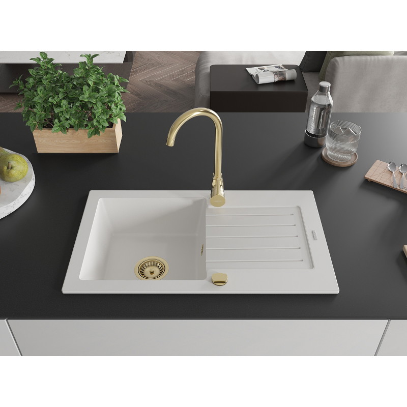 Mexen Pablo Granitspüle 1-beckig mit Abtropffläche 752 x 436 mm, weiß, goldener Siphon - 6510751010-20-G