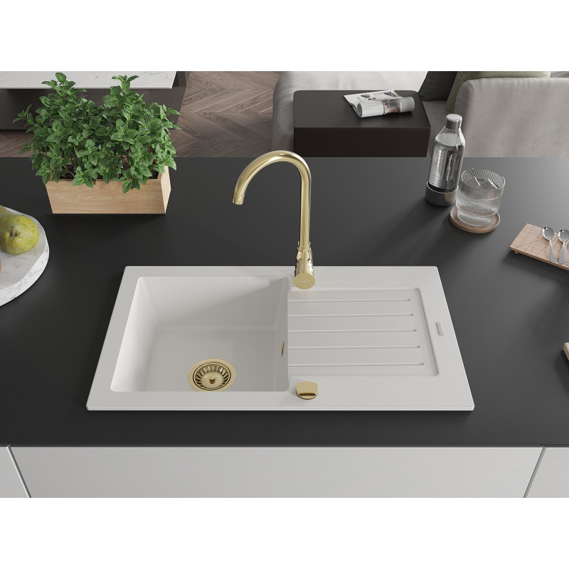 Mexen Pablo Granitspüle einbecken mit Abtropffläche 752 x 436 mm, weiß, Siphon gold - 6510751010-20-G