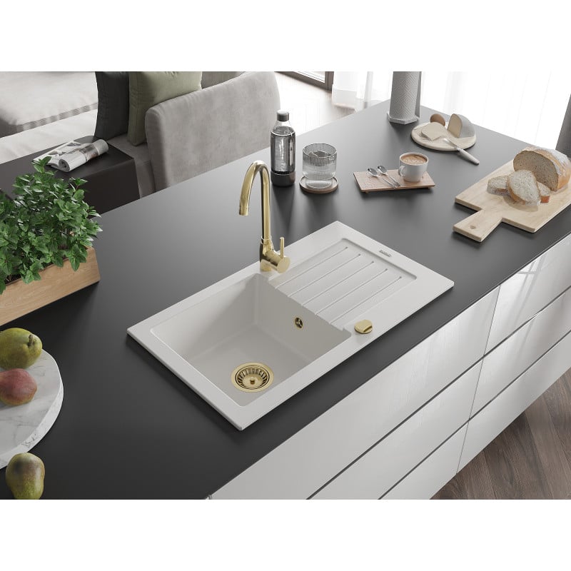 Mexen Pablo Granitspüle 1-Becken mit Abtropffläche 752 x 436 mm, weiß, goldenes Siphon - 6510751010-20-G