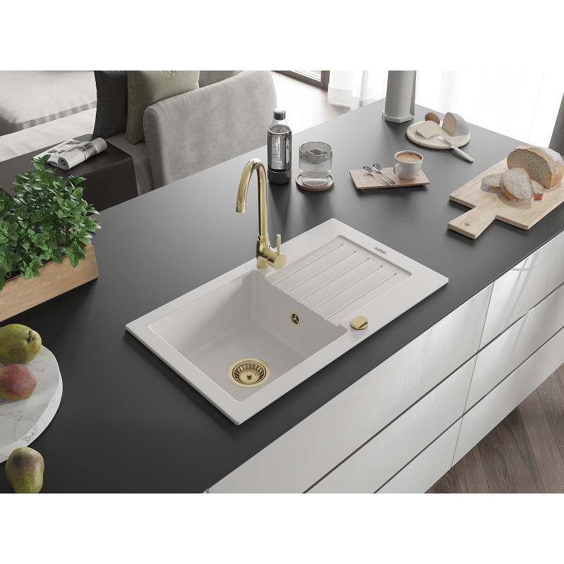 Mexen Pablo Granitspüle einbecken mit Abtropffläche 752 x 436 mm, weiß, Siphon gold - 6510751010-20-G