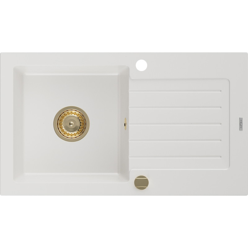 Mexen Pablo Granitspüle 1-beckig mit Abtropffläche 752 x 436 mm, weiß, goldener Siphon - 6510751010-20-G