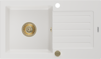 Mexen Pablo Granitspüle 1-Becken mit Abtropffläche 752 x 436 mm, weiß, goldenes Siphon - 6510751010-20-G