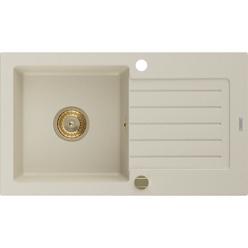 Mexen Pablo Granitspüle 1-beckig mit Abtropffläche 752 x 436 mm, beige, goldener Siphon - 6510751010-69-G