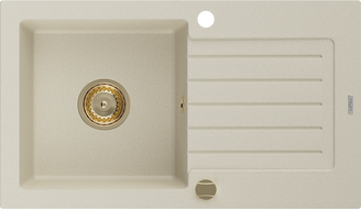Mexen Pablo Granitspüle 1-beckig mit Abtropffläche 752 x 436 mm, beige, goldener Siphon - 6510751010-69-G