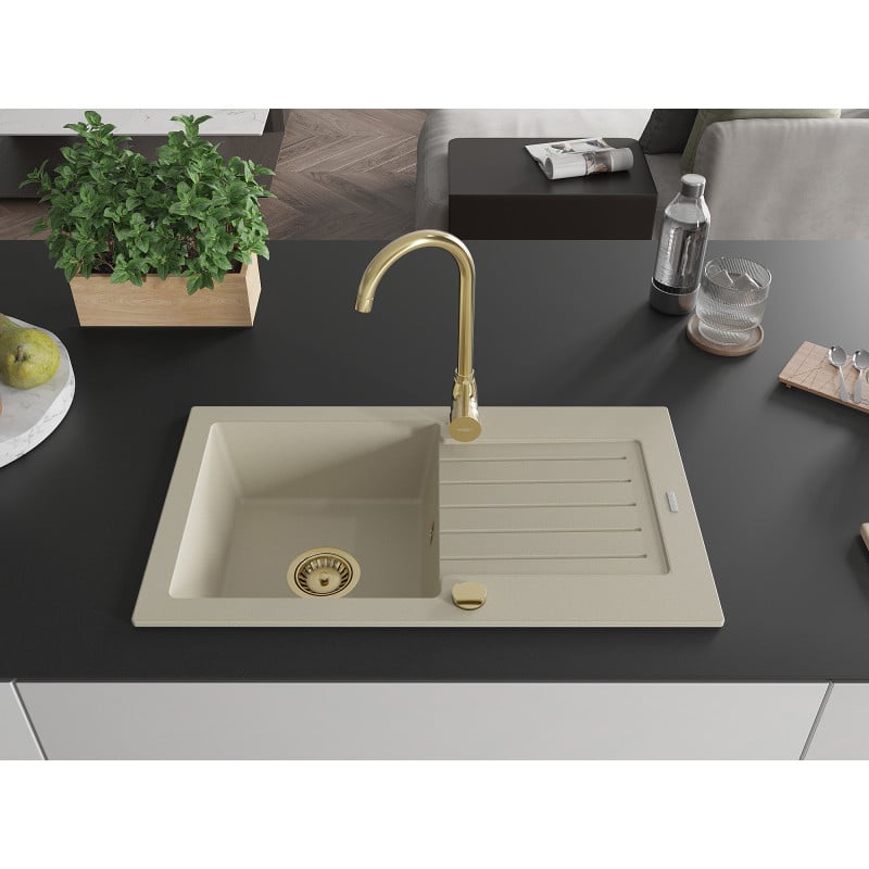 Mexen Pablo Granitspüle 1-beckig mit Abtropffläche 752 x 436 mm, beige, goldener Siphon - 6510751010-69-G