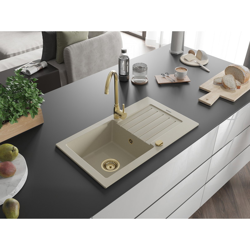 Mexen Pablo Granitspüle 1-becken mit Abtropffläche 752 x 436 mm, beige, goldener Siphon - 6510751010-69-G