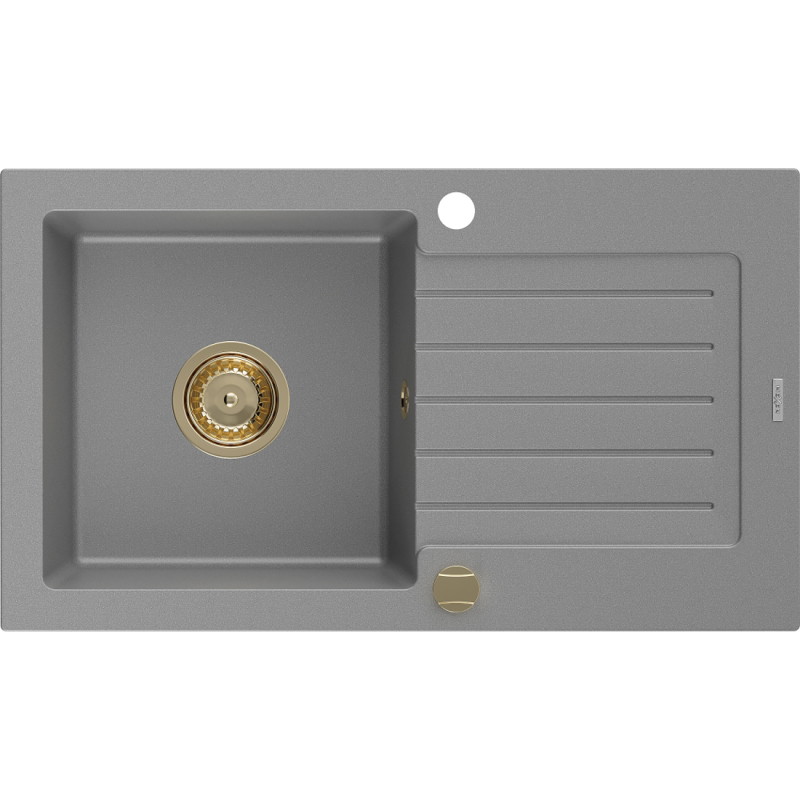 Mexen Pablo Granitspüle 1-beckig mit Abtropffläche 752 x 436 mm, grau, goldener Siphon - 6510751010-71-G