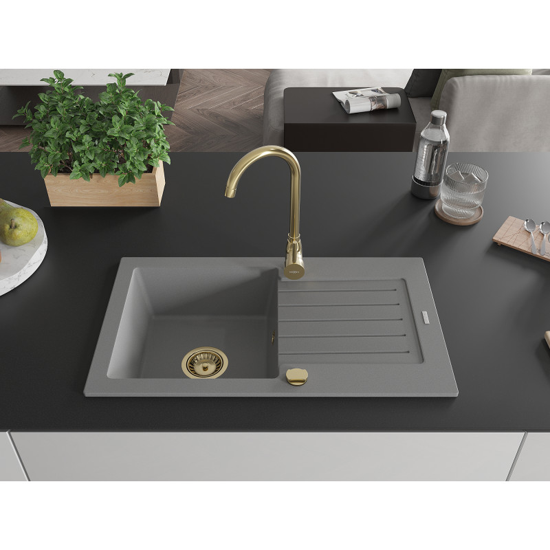 Mexen Pablo Granitspüle 1-Becken mit Abtropffläche 752 x 436 mm, grau, goldener Siphon - 6510751010-71-G