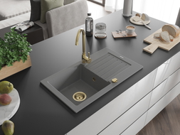 Mexen Pablo Granitspüle 1-Becken mit Abtropffläche 752 x 436 mm, grau, goldener Siphon - 6510751010-71-G