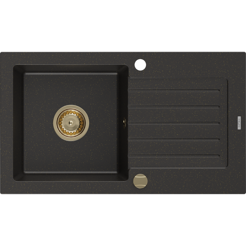 Mexen Pablo Granitspüle 1-Becken mit Abtropffläche 752 x 436 mm, schwarz/goldener Metallic, goldener Siphon - 6510751010-75-G