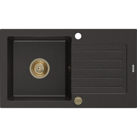 Mexen Pablo Granitspüle 1-Becken mit Abtropffläche 752 x 436 mm, schwarz/goldener Metallic, goldener Siphon - 6510751010-75-G