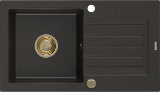 Mexen Pablo Granitspüle 1-Becken mit Abtropffläche 752 x 436 mm, schwarz/goldener Metallic, goldener Siphon - 6510751010-75-G