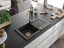 Mexen Pablo Granitspüle 1-Becken mit Abtropffläche 752 x 436 mm, schwarz/gold metallic, goldener Siphon - 6510751010-75-G