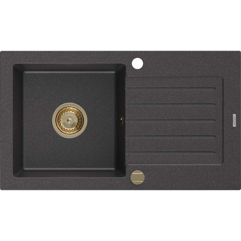 Mexen Pablo Granitspüle 1-beckig mit Abtropffläche 752 x 436 mm, schwarz gesprenkelt, goldener Siphon - 6510751010-76-G