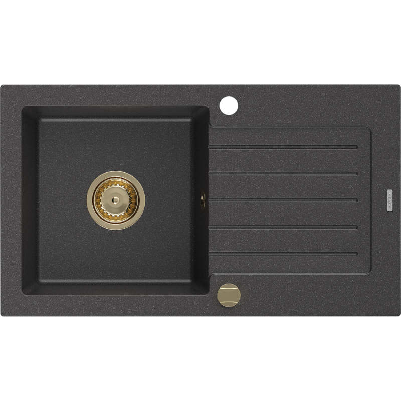 Mexen Pablo Granitspüle 1-kammerig mit Abtropffläche 752 x 436 mm, schwarz gesprenkelt, Siphon gold - 6510751010-76-G