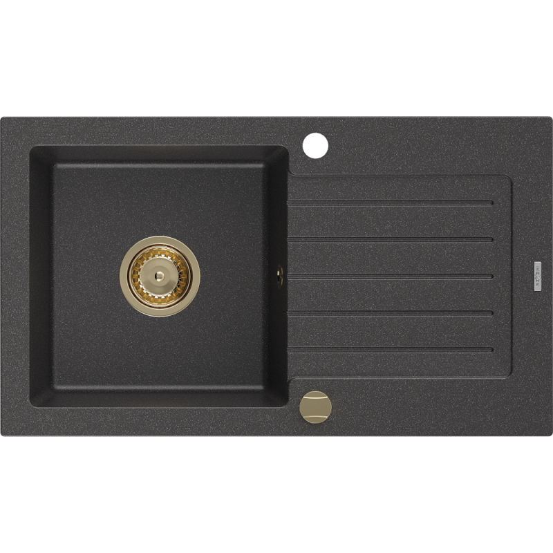 Mexen Pablo Granitspüle ein Becken mit Abtropffläche 752 x 436 mm, schwarz gesprenkelt, goldener Siphon - 6510751010-76-G