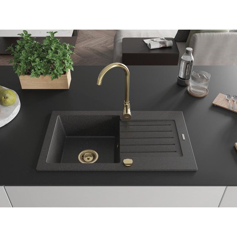 Mexen Pablo Granitspüle ein Becken mit Abtropffläche 752 x 436 mm, schwarz gesprenkelt, goldener Siphon - 6510751010-76-G