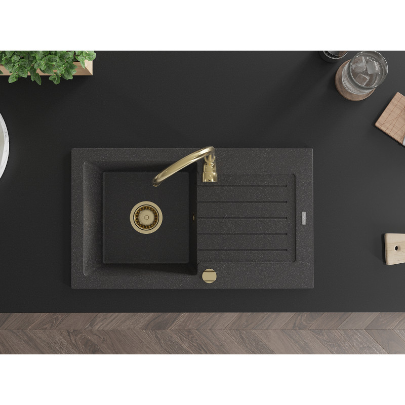 Mexen Pablo Granitspüle 1-kammerig mit Abtropffläche 752 x 436 mm, schwarz gesprenkelt, Siphon gold - 6510751010-76-G