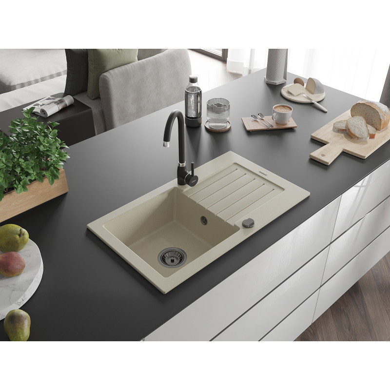 Mexen Pablo Granitspüle 1-Becken mit Abtropffläche 752 x 436 mm, beige, schwarzer Siphon - 6510751010-69-B