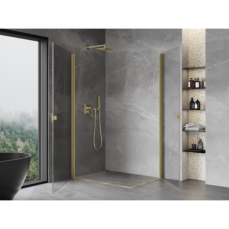 Mexen Mist-B Duo Duschkabine mit Pendeltür 100 x 80 cm, transparent, gebürstetes Gold - 8A2-100-080-55-00