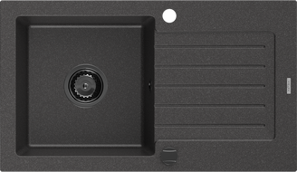 Mexen Pablo Granitspüle 1-beckig mit Abtropffläche 752 x 436 mm, schwarz gesprenkelt, schwarzer Siphon - 6510751010-76-B