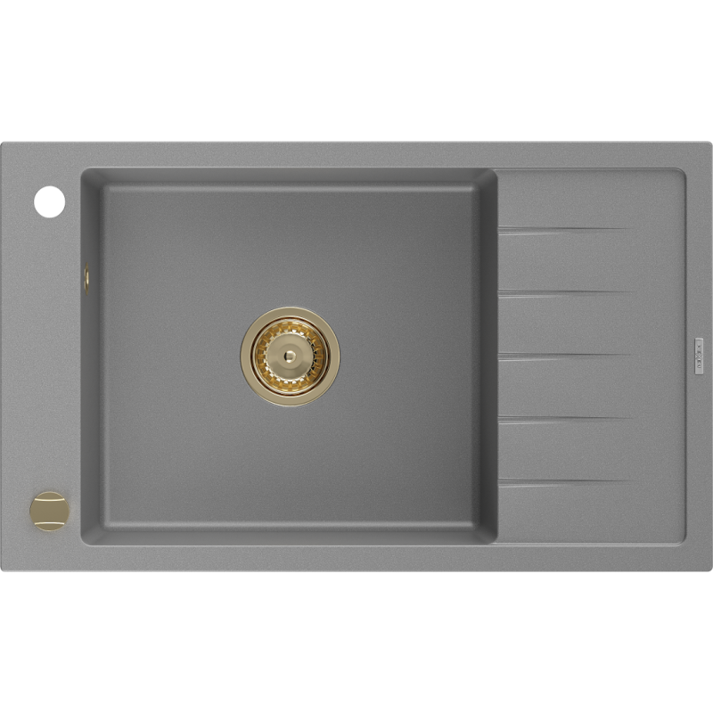 Mexen Elias Granitspüle 1-becken mit Abtropffläche 795 x 480 mm, grau, goldener Siphon - 6511791005-71-G