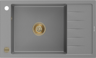 Mexen Elias Granitspüle 1-becken mit Abtropffläche 795 x 480 mm, grau, goldener Siphon - 6511791005-71-G