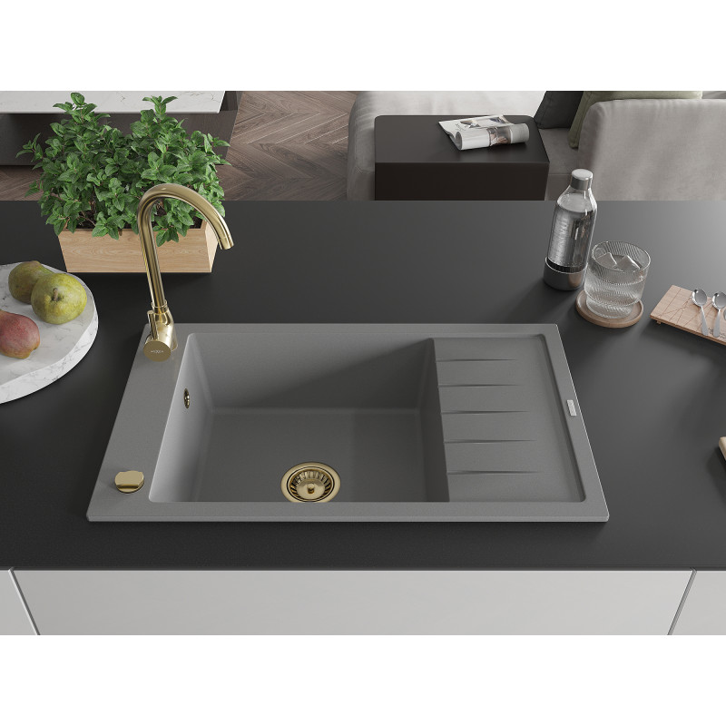 Mexen Elias Granitspüle 1-beckig mit Abtropffläche 795 x 480 mm, grau, Siphon gold - 6511791005-71-G
